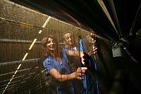 Lonate Pozzolo (Va) Filatura Michele Solbiati , 7 operaie dell'azienda posano per servizio di moda per Donna Moderna,riprese in fabbrica in una giornata di lavoro.<br>nella foto:Elisabetta D'Errico (mora) Marisa Bertinelli (bionda) foto Gianluca Moggi/Massimo Sestini
